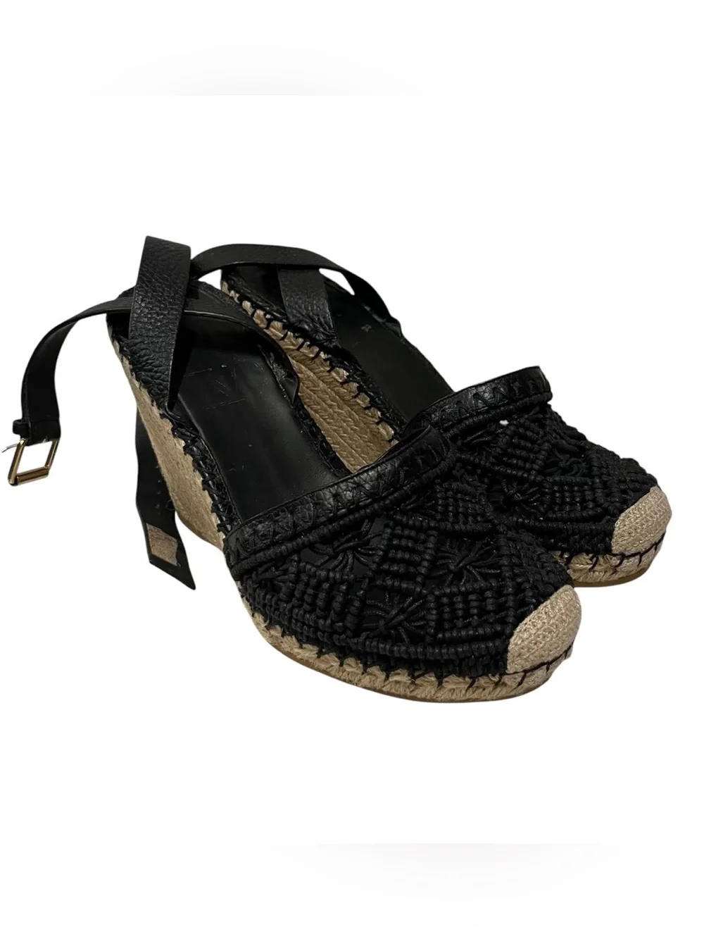 Valentino Garavani Black Woven Espadrille Wedge Sandals